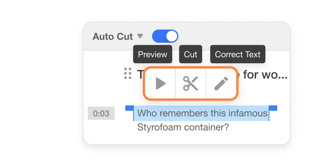 Webpage section titled 'Text-Based Editing' explains how the AI Video Editor allows users to edit videos by editing the transcript. The interface shows options to preview, cut, and correct text, with a transcript line and editing tools highlighted.